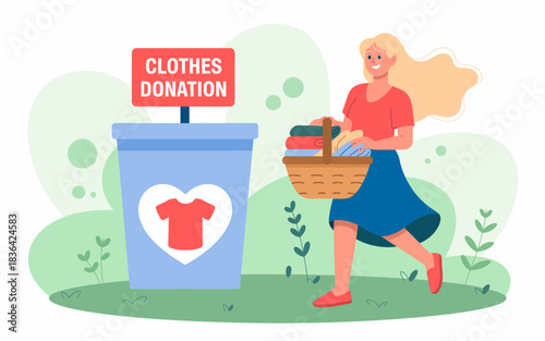 This heartwarming illustration depicts a woman joyfully donating clothes to charity, highlighting the spirit of giving and community support for social causes.
