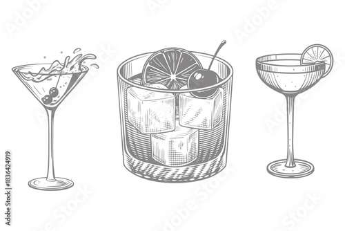 Isolated vintage style drinks set with splash illustration. daiquiri, old fashioned, manhattan, martini, sidecar glass hand drawn engraving vector. Eps 10