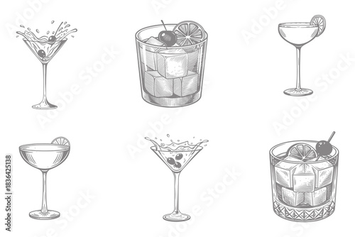Isolated vintage style drinks set with splash illustration. daiquiri, old fashioned, manhattan, martini, sidecar glass hand drawn engraving vector. Eps 10