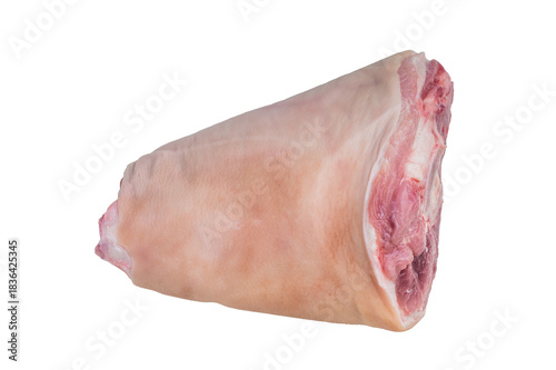 Принти на полотні Raw pork knuckle with bone on white background showing fresh meat texture perfect for culinary use recipes butchery and food styling