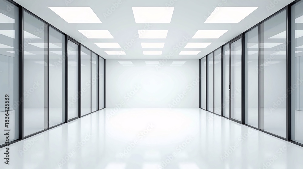 Fototapeta premium A bright, minimalist corridor: glass partitions, white walls, and a grid-lit ceiling.