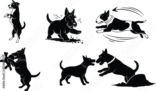 Dog silhouette collection featuring various breeds like Terrier and Bull Terrier showing actions such as playing, barking, jumping, and digging, isolated vector set.