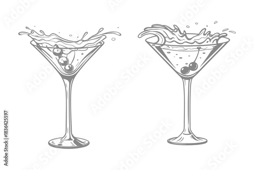 Vintage drink glass set with splash illustration. Manhattan, martini, sidecar glass hand drawn engraving vector vintage style. Eps 10