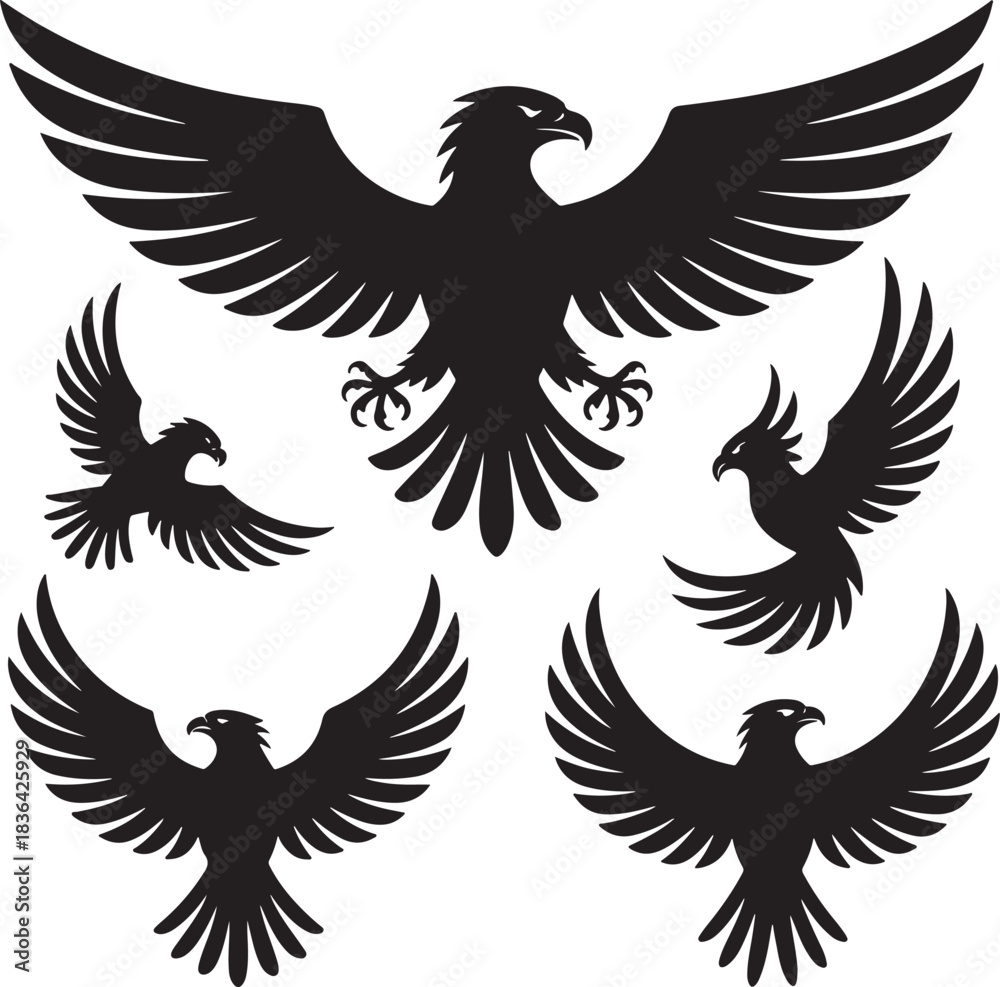 Obraz premium Black Silhouette Eagle Illustrations with Spread Wings