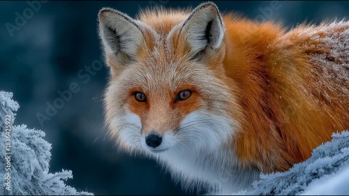 A close-up of a fox in a snowy landscape. The fox blinks and flicks its fur, sending snowflakes flying around it. The camera performs a slow, smooth zoom-in on the fox's face