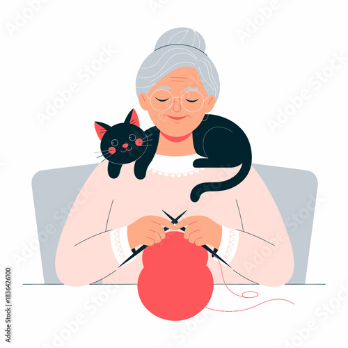This cozy scene depicts a grandmother happily knitting while a playful cat sits on her shoulder, exuding warmth, love, and the simple joys of home life and companionship.