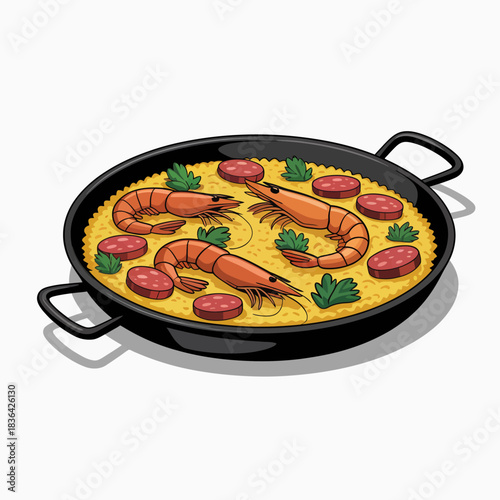 An enticing paella dish showcasing shrimp and chorizo, capturing the vibrant colors and flavors of traditional Spanish cuisine, perfect for festive gatherings and celebrations.