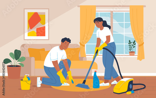 A couple engaged in cleaning and organizing their living space, showcasing teamwork and domestic harmony in a bright and modern interior environment.