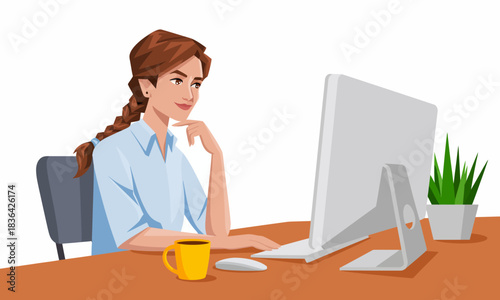 A woman with a thoughtful expression works diligently on her computer in a cozy home office environment, emphasizing productivity and modern work life.