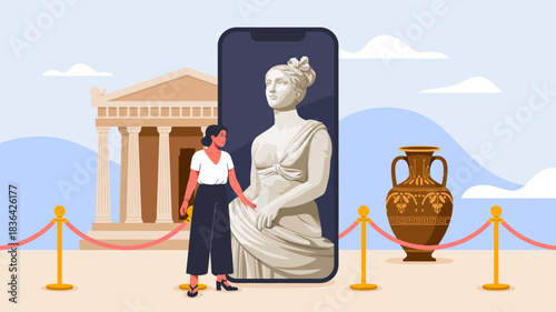 A woman in a museum admires a statue displayed on a smartphone, blending vintage art with modern technology and illustrating the evolution of art appreciation.