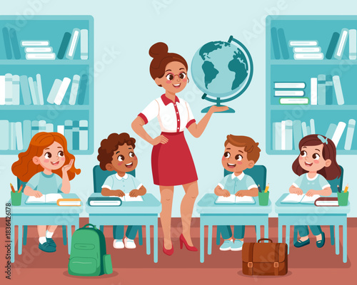 A cheerful female teacher presents a globe while four engaged students eagerly participate in learning activities at their desks in a brightly colored classroom.