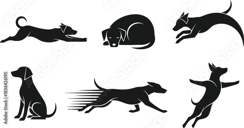 Dynamic black dog silhouette set showing various action poses like running, leaping, sitting, resting, and stretching, isolated vector illustration graphic.