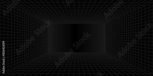 Futuristic perspective grid box. Abstract wireframe with white grid line on black background. Virtual reality landscape in 80s 90s digital style. Vector