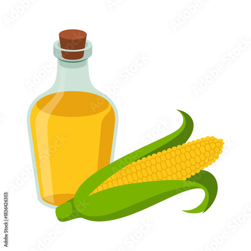 An artistic display of a bottle of corn oil alongside a fresh ear of corn, symbolizing nourishment, agriculture, and the connection between nature and human needs in a clean setting.