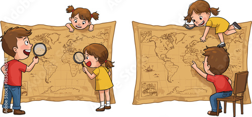 Excited children exploring world map, planning global adventure, discovery, education, and geography concept.
