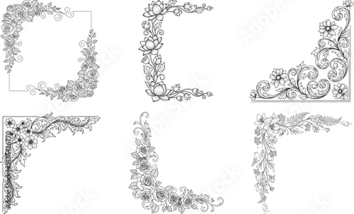 Six vintage floral corner ornaments with intricate details isolated on transparent background