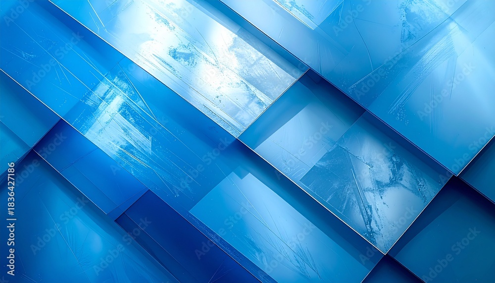 Obraz premium Corporate abstract background with layered translucent rectangles, modern metallic texture, icy blue tones, soft shadow depth, professional 2026 design.