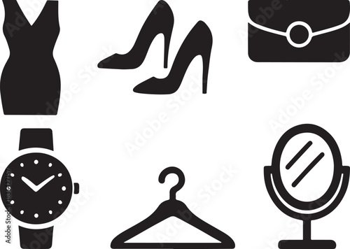Brutalist Fashion Icons Set – Designer Dress, Heels, Clutch Bag, Watch, Mirror, Hanger Silhouettes.