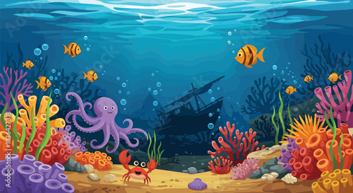 An enchanting underwater world teems with colorful coral reefs, playful marine life, and a mysterious old shipwreck.
