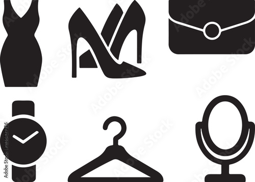 Brutalist Fashion Icons Set – Designer Dress, Heels, Clutch Bag, Watch, Mirror, Hanger Silhouettes.