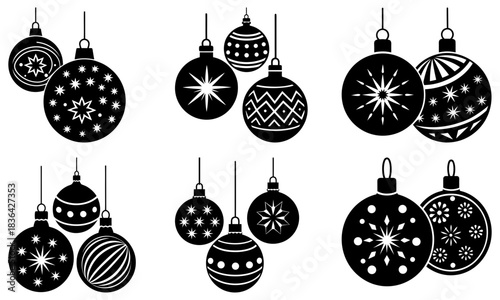 Illustration of christmas ornaments with various star and geometric patterns hanging from strings in black and white