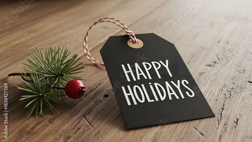 Happy holidays tag with pine branch on rustic wood surface