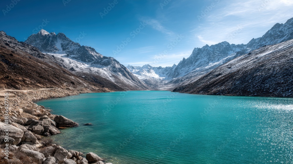 Obraz premium Beautiful turquoise lake surrounded by majestic snow capped mountains. Serene high altitude landscape view on a bright clear day. Nature and travel concept.
