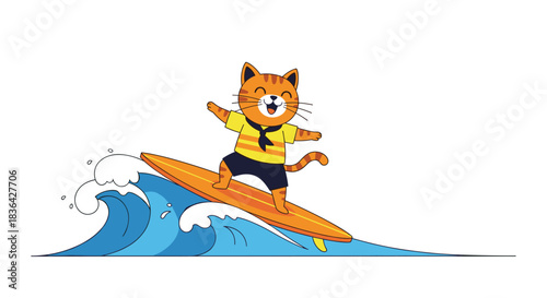 A cheerful orange tabby cat in a sailor-style shirt and shorts skillfully rides an ocean wave on a yellow surfboard, embodying summer fun.