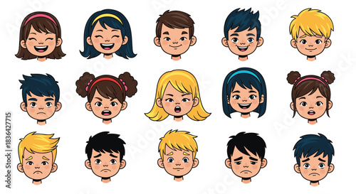 A vibrant collection of cartoon children's faces illustrating a spectrum of human emotions and expressions, perfect for educational content.