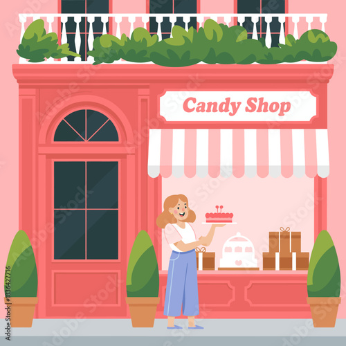 This delightful illustration depicts a charming candy shop, with a woman presenting colorful confectioneries, highlighting the joy and sweetness of treats in a vibrant setting.
