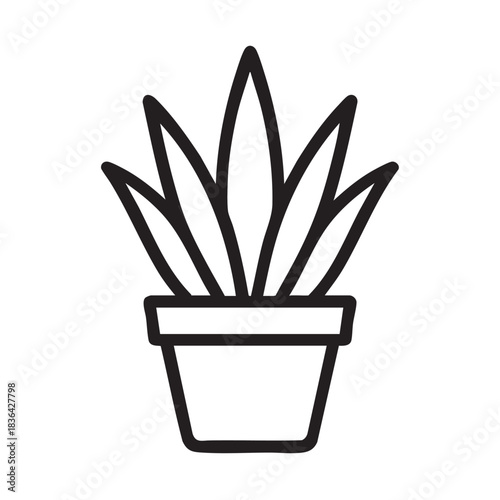 Potted succulent plant with pointed leaves, simple black and white line art illustration