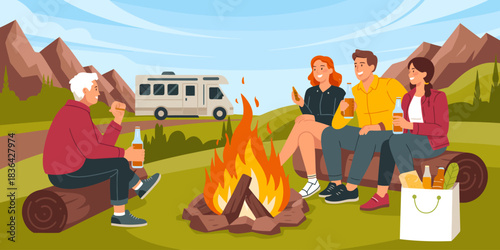 A group of friends gathers around a warm campfire in a picturesque landscape, reflecting camaraderie, relaxation, and adventure, illuminated by a beautiful sky.