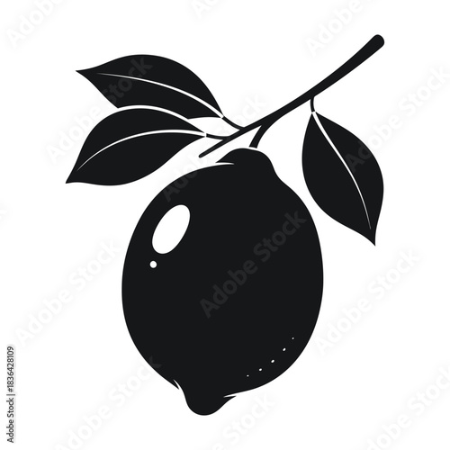 Black silhouette of a lemon on a stem with leaves fruit