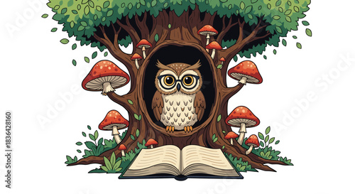 Whimsical illustration of an intelligent owl with spectacles nestled in a magical forest tree, adorned with toadstools and a book.