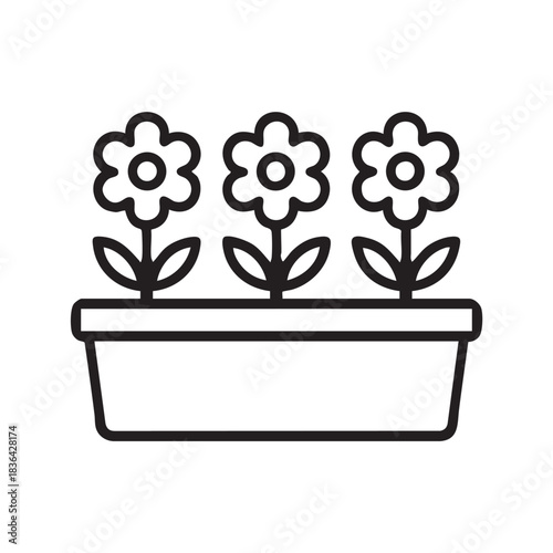 Three flowers in a planter box, simple black and white line art illustration