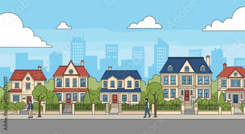 A bright cartoon illustration of a picturesque suburban street, featuring colorful houses, green trees, pedestrians, and a distant city skyline.