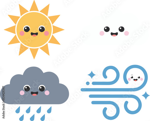 Cute weather forecast icons set with sun cloud rain and wind vector illustration and happy smiling faces with blushing cheeks