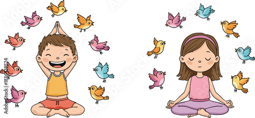 Happy boy and calm girl meditating with flying birds, kids yoga vector illustration.