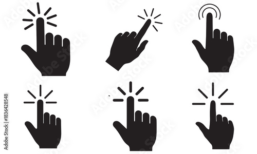 Collection of black silhouette hand cursor icons showing finger tapping and clicking actions