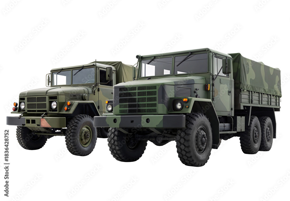 Obraz premium Two olive military cargo trucks side by side, isolated on a transparent background