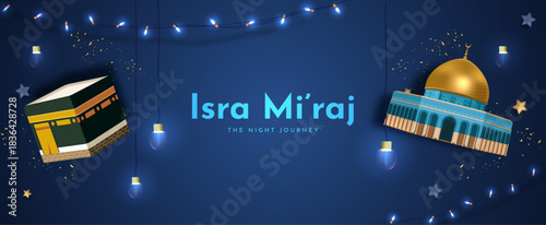 Isra Miraj 2026 Night Sky Illustration with Kaaba and Dome of the Rock  Under Stars for Islamic Night Journey. 