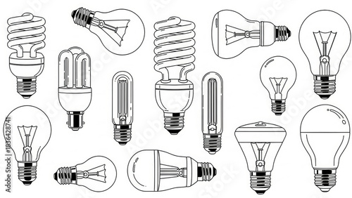 Black and White Line Art of Diverse Light Bulb Designs – Incandescent, CFL, and LED Variations