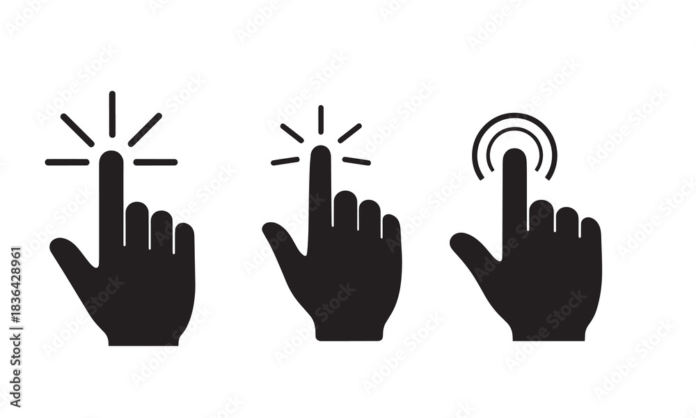 Obraz premium Three distinct black hand cursor icons representing clicking actions with the adobe illustrator logo present