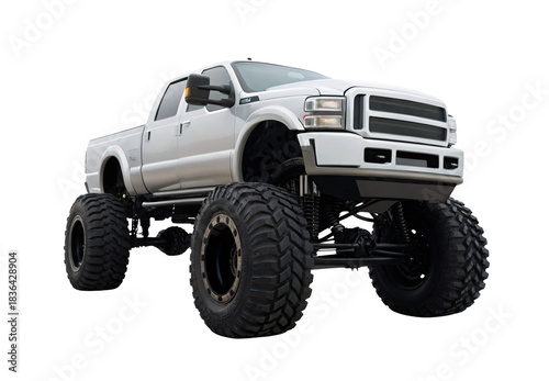 White lifted pickup truck with huge monster tires, isolated on a transparent background
