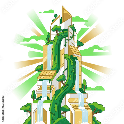 A utopian vision of futuristic architecture integrated with lush nature, featuring a modern tower with cascading waterfalls and vertical gardens