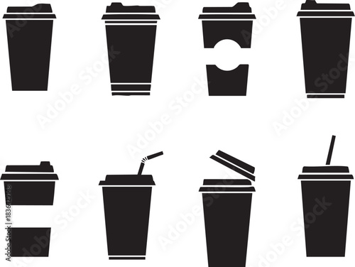 Black Silhouette Disposable Coffee Cup Icon Set - Takeaway Drink Vector
