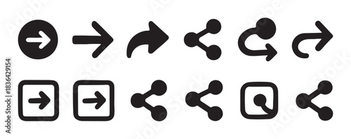 Vector Collection of Black Share and Arrow Icons for User Interface and Social Media Design