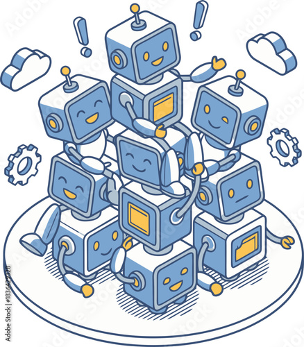 Cute isometric robot stack representing cloud computing and artificial intelligence network.