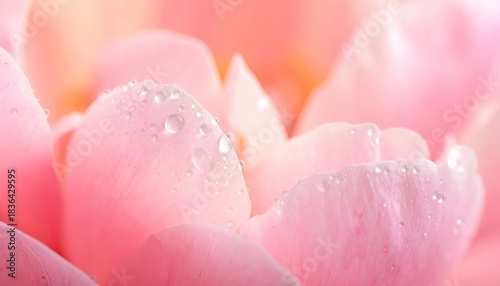 Close-up Macro Shot of Delicate Pink Flower Petals Covered in Dew Drops on a Softly Lit Background