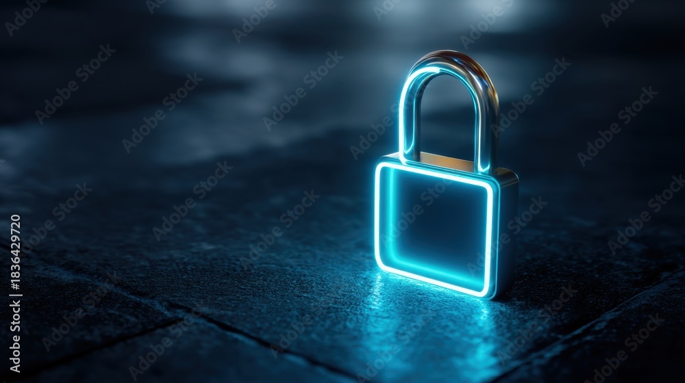 Fototapeta premium Blue glowing padlock on dark background. Cybersecurity and digital data protection concept. Secure internet network with copy space.
